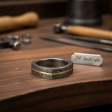 Square Damascus Gold Inlay Ring with Single Gold Line