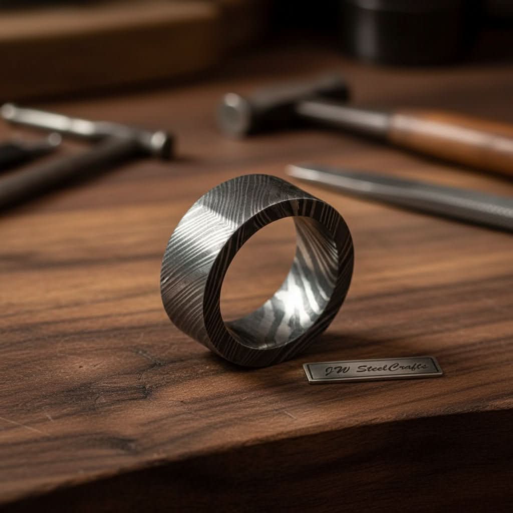 Flat Damascus Wedding Band with Wide Squared Edges