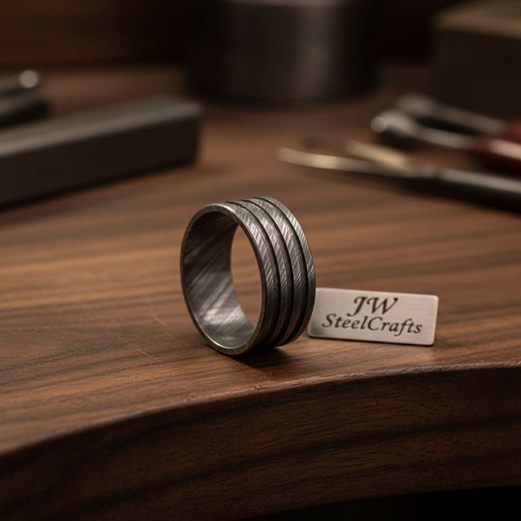 Silver Damascus Triple Groove Ring with Bright Finish