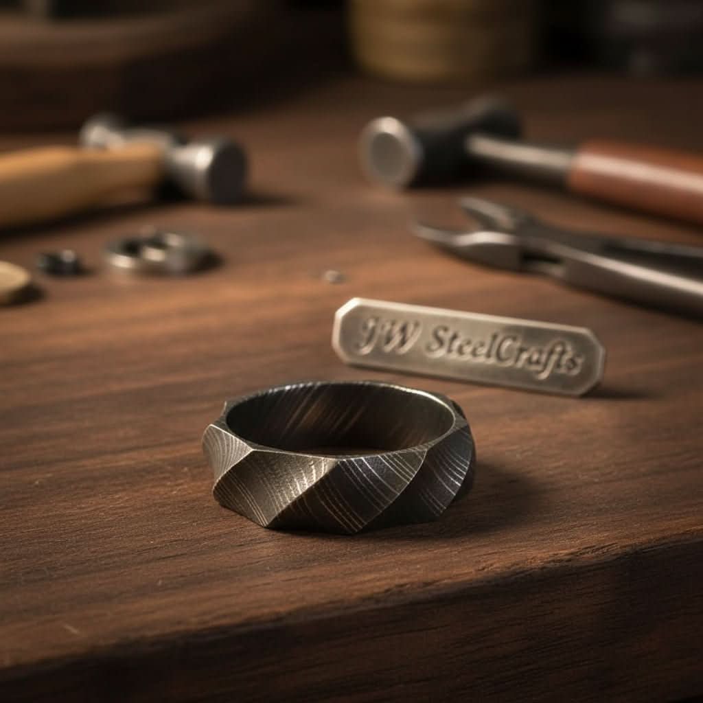 Mens Damascus Steel Faceted Wedding Band Handmade Geometric Ring