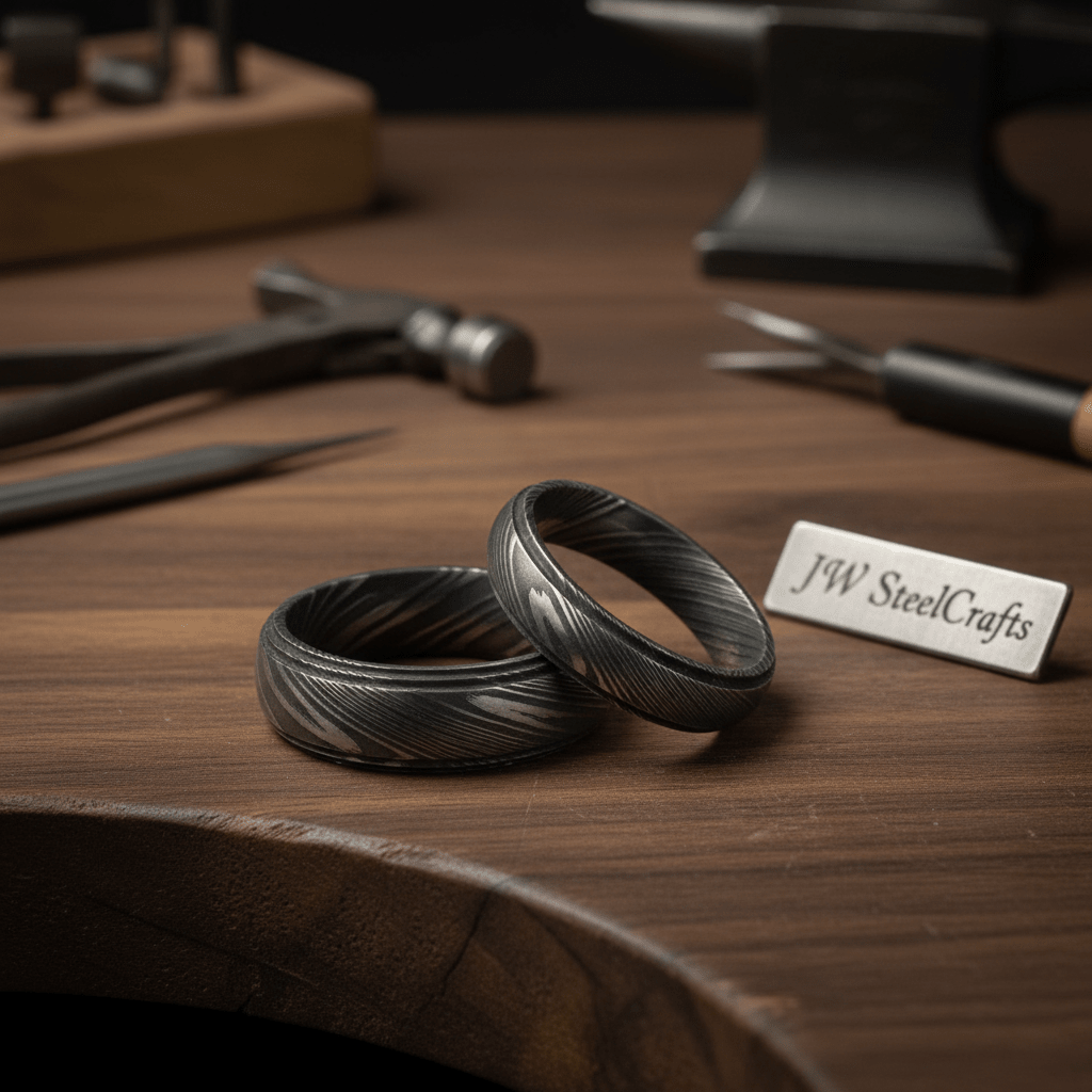 Damascus Steel Wedding Band Set with Wide and Slim Black Rings