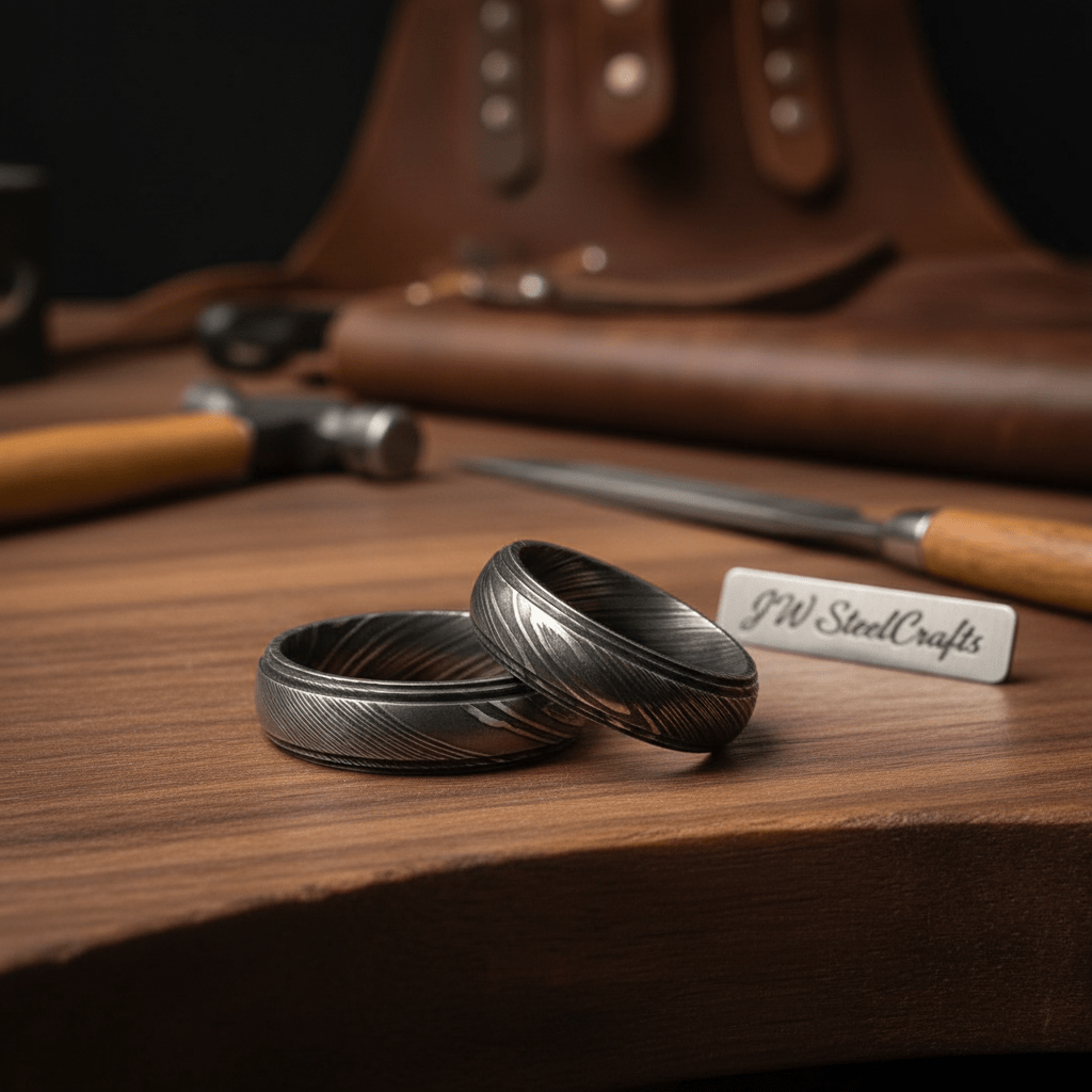 Damascus Steel Wedding Band Set with Wide and Slim Black Rings