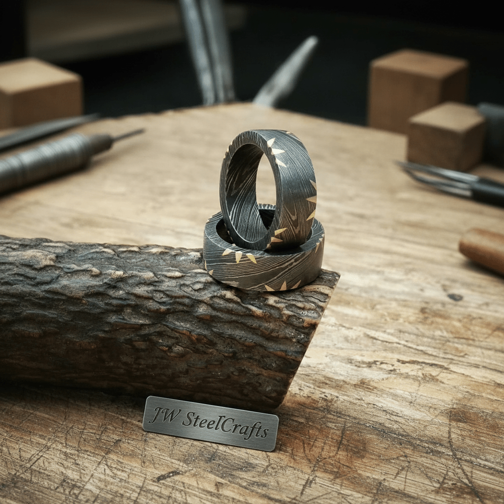 Damascus Gold Fan Edge Rings pair with Sunburst Inlay