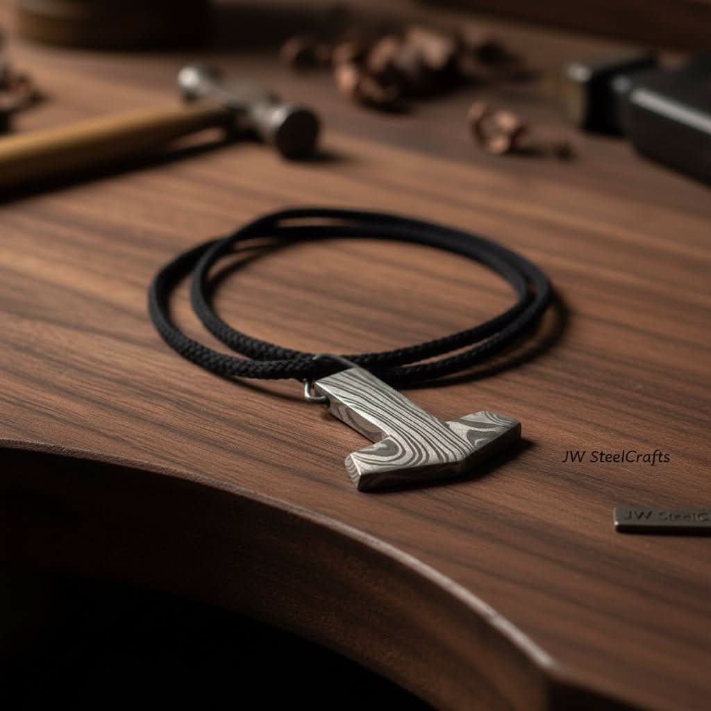 Handmade Damascus Mjolnir Pendant - Strength and Tradition