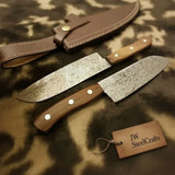 Raindrop Damascus Hunting Knife Set – Trailing Point Skinner & Drop Point Hunter with Rosewood Handles | Full Tang Fixed Blade Pair