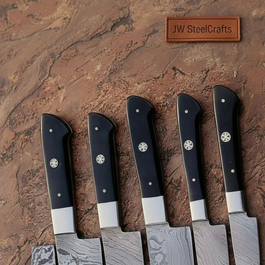 Forged 6-Piece Damascus Carving and Slicer Knife Set with Long Damascus Blades, Black Resin Handles