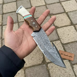 Damascus Gut Hook Hunting Knife — Bone, Turquoise Resin & Rosewood Handle