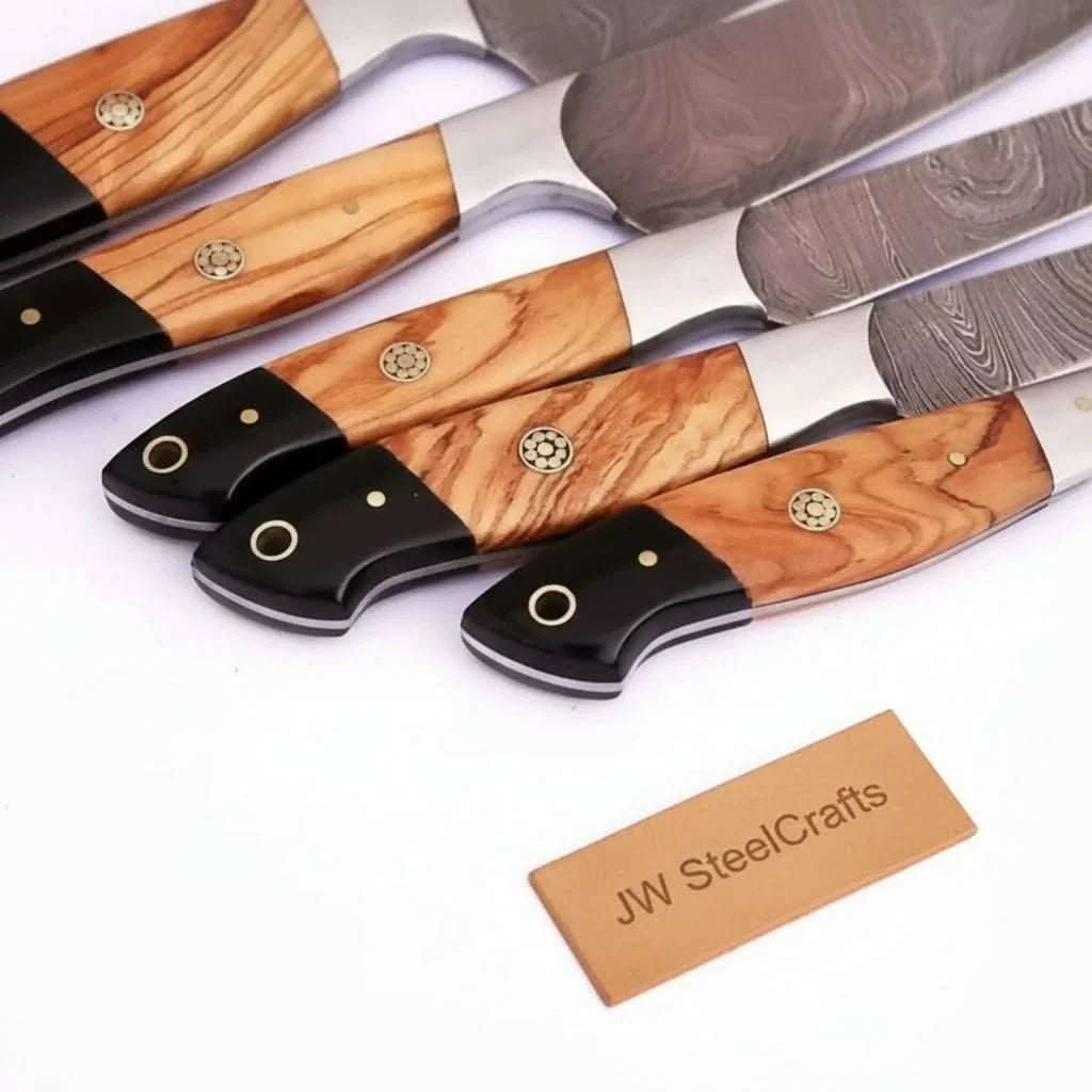 Handmade Damascus Knife Set, Olive Wood & Resin Handle