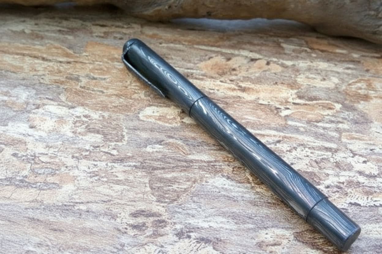 Damascus Steel Fountain Pen with Forged Wood Grain Pattern