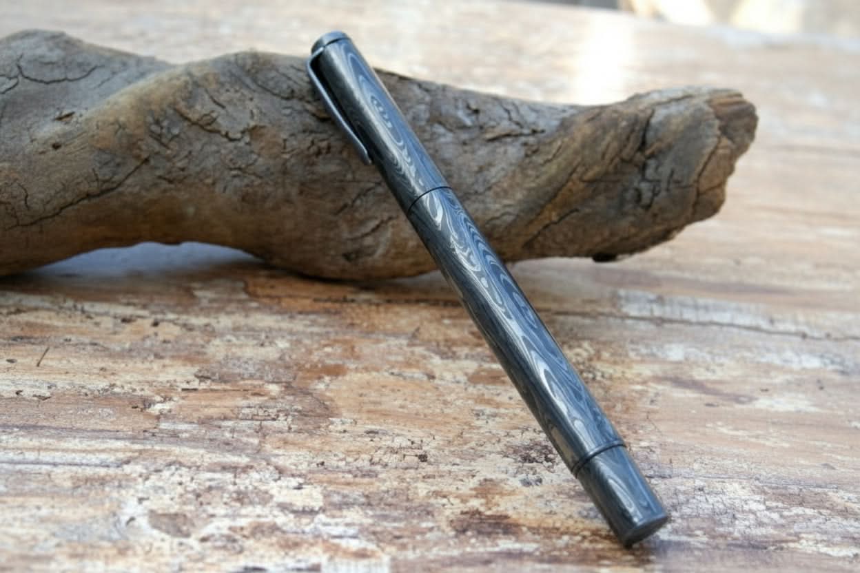 Damascus Steel Fountain Pen with Forged Wood Grain Pattern