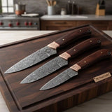 3-Piece Damascus Knife Set with Engraved Bolsters with Topographic Blades