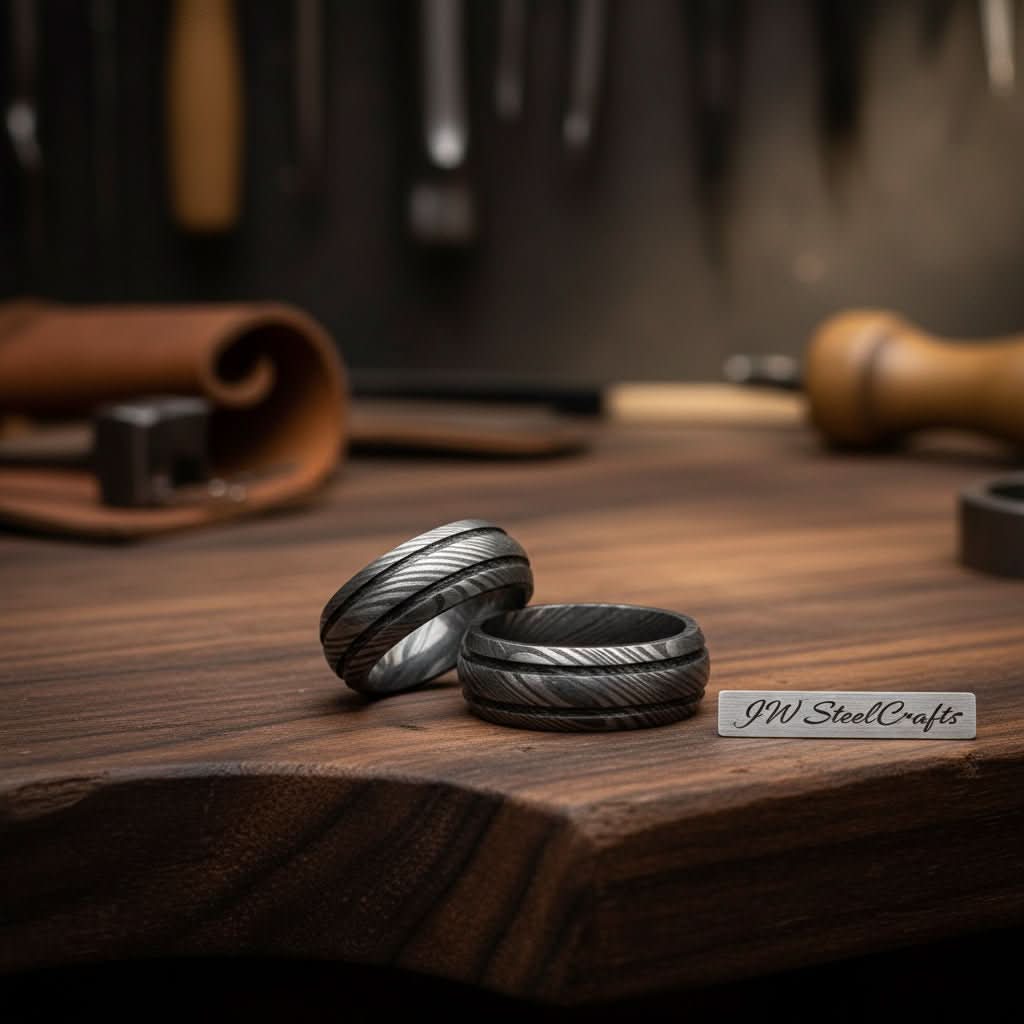 Damascus Grooved Band set with Twisted Pattern for Couples