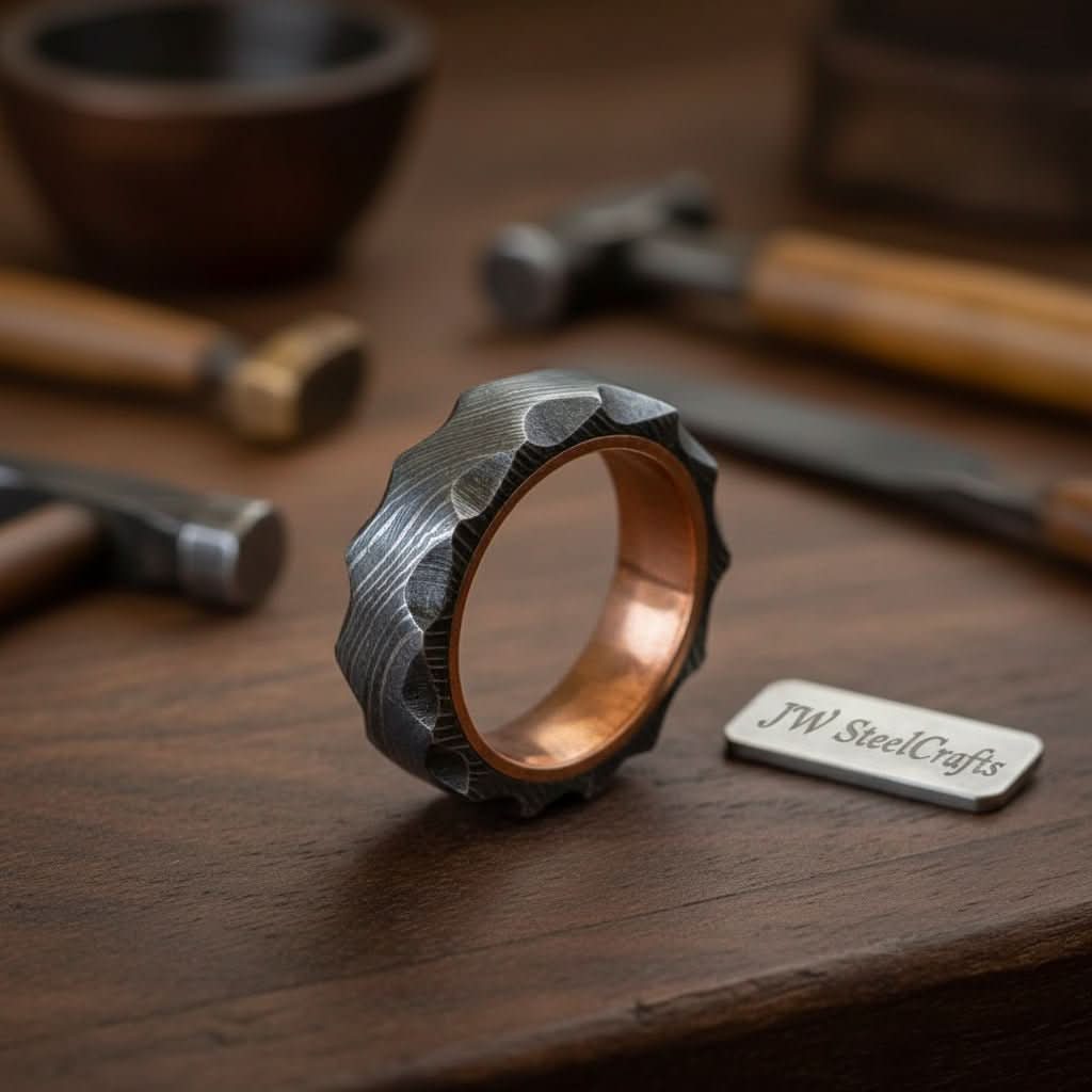 Copper Sleeve Damascus Ring with Carved Faceted Exterior