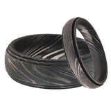 Damascus Steel Wedding Band Set with Wide and Slim Black Rings