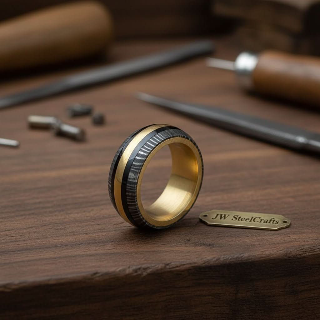 Domed Damascus Gold Inlay Ring with Wide Gold Band