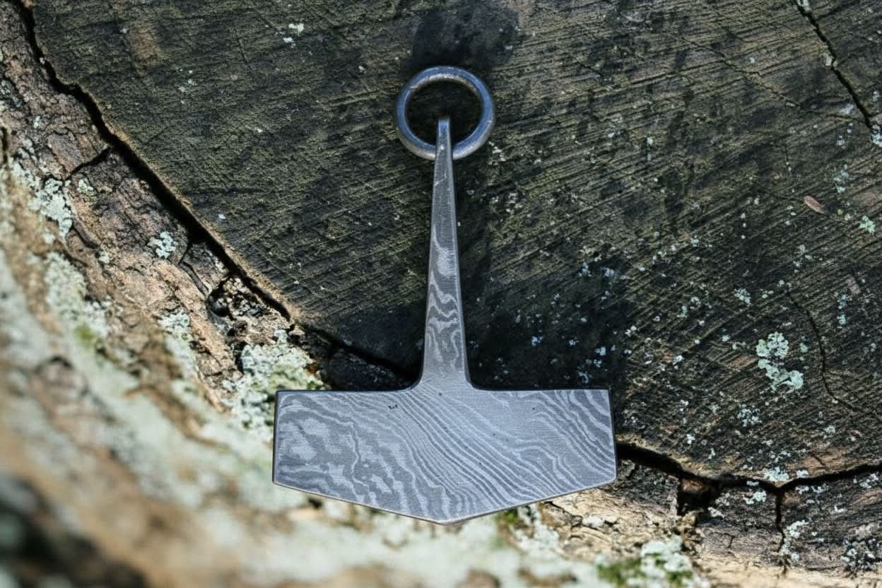 Damascus thor's hammer Pendant with Wood Grain Steel