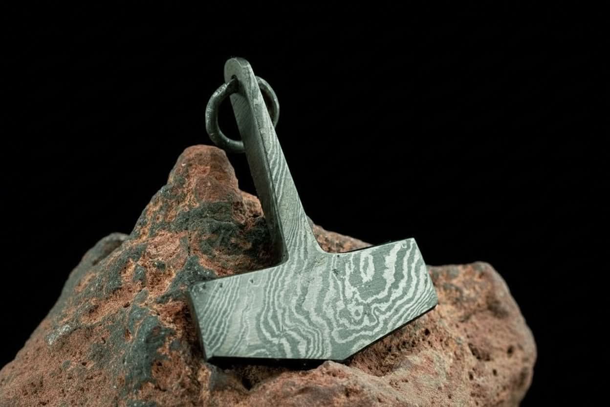 Damascus thor's hammer Pendant with Wood Grain Steel