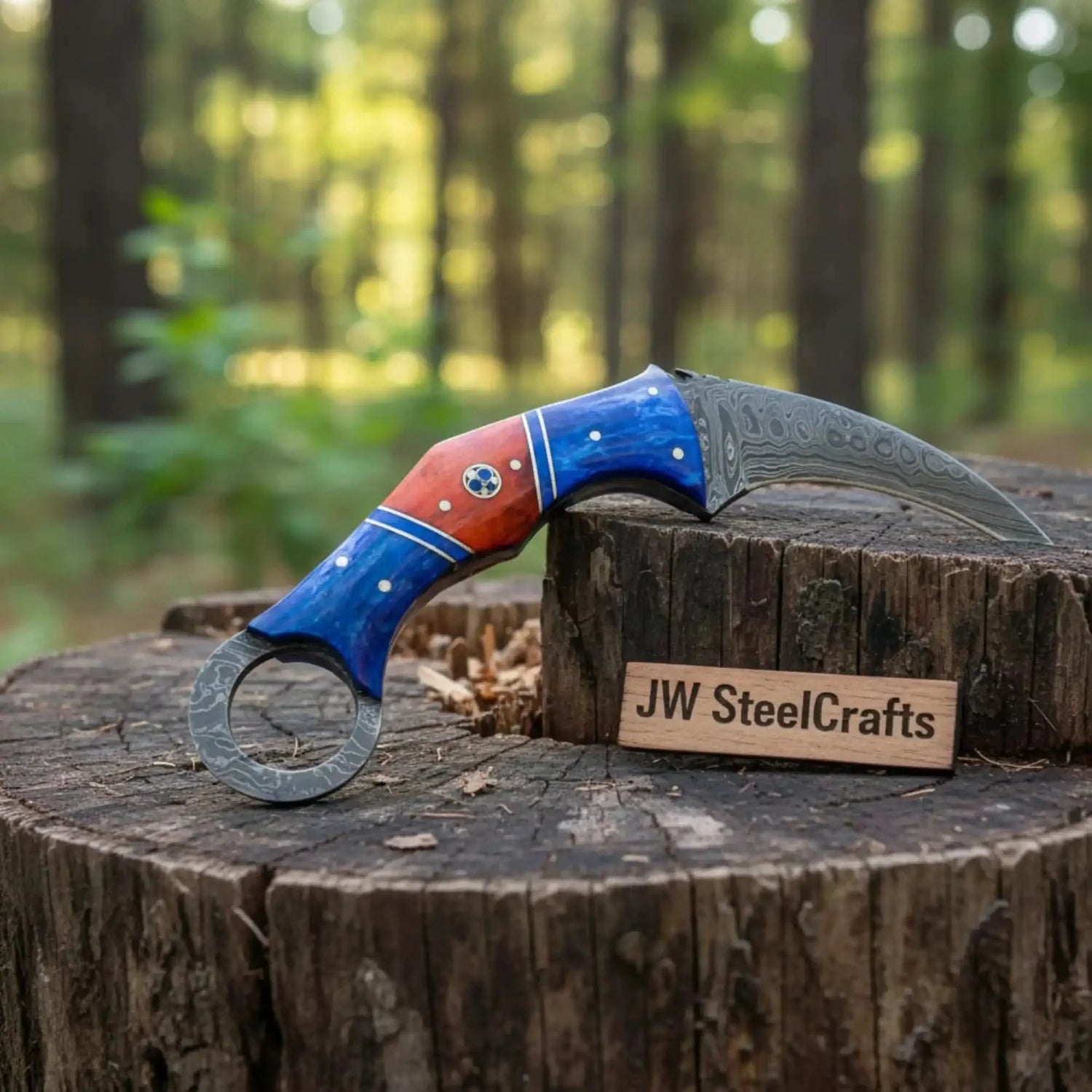 Damascus Karambit Knife with Blue Wood Handle, Finger Ring, and Sheath