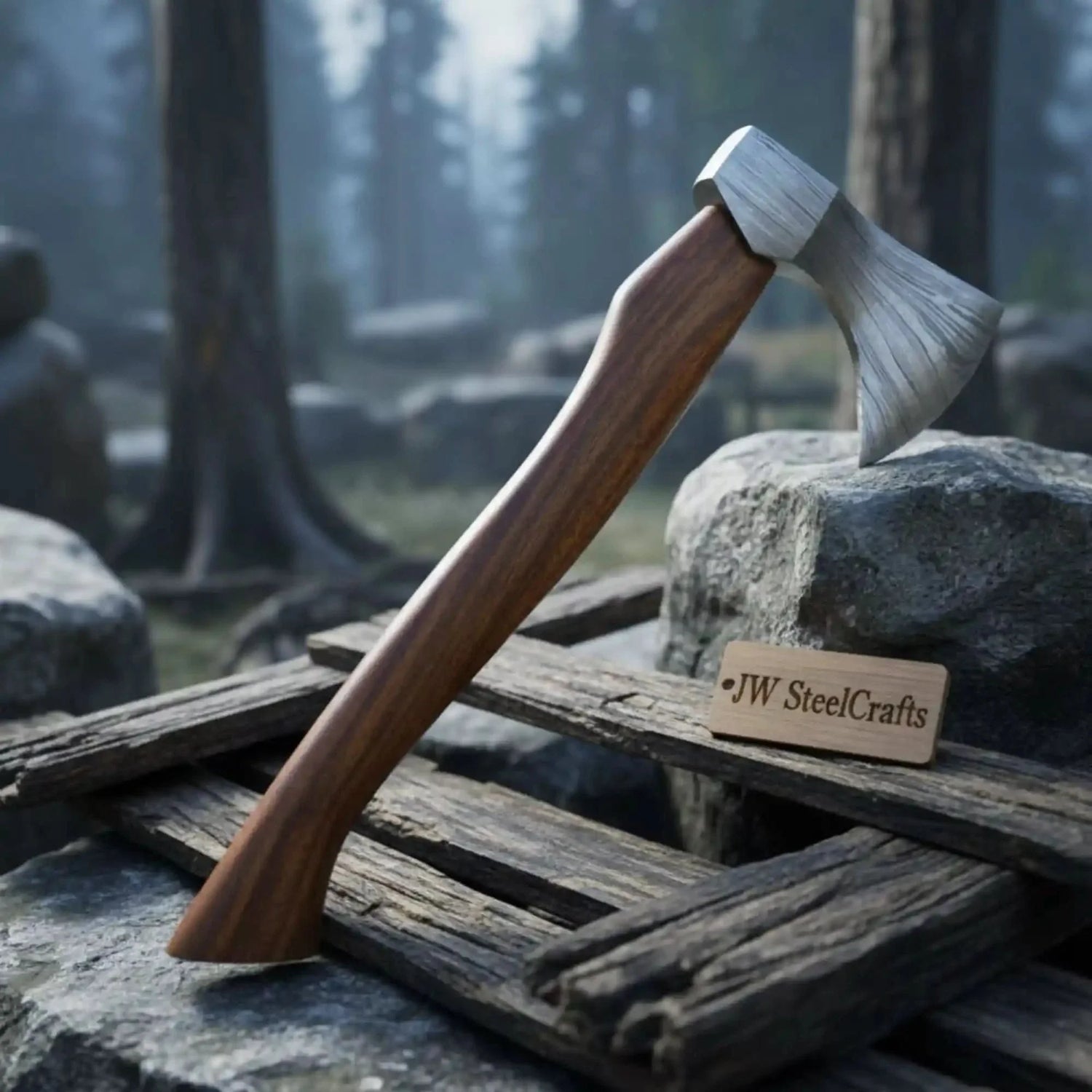 Compact Damascus Bushcraft Hatchet with Layered Forged Head
