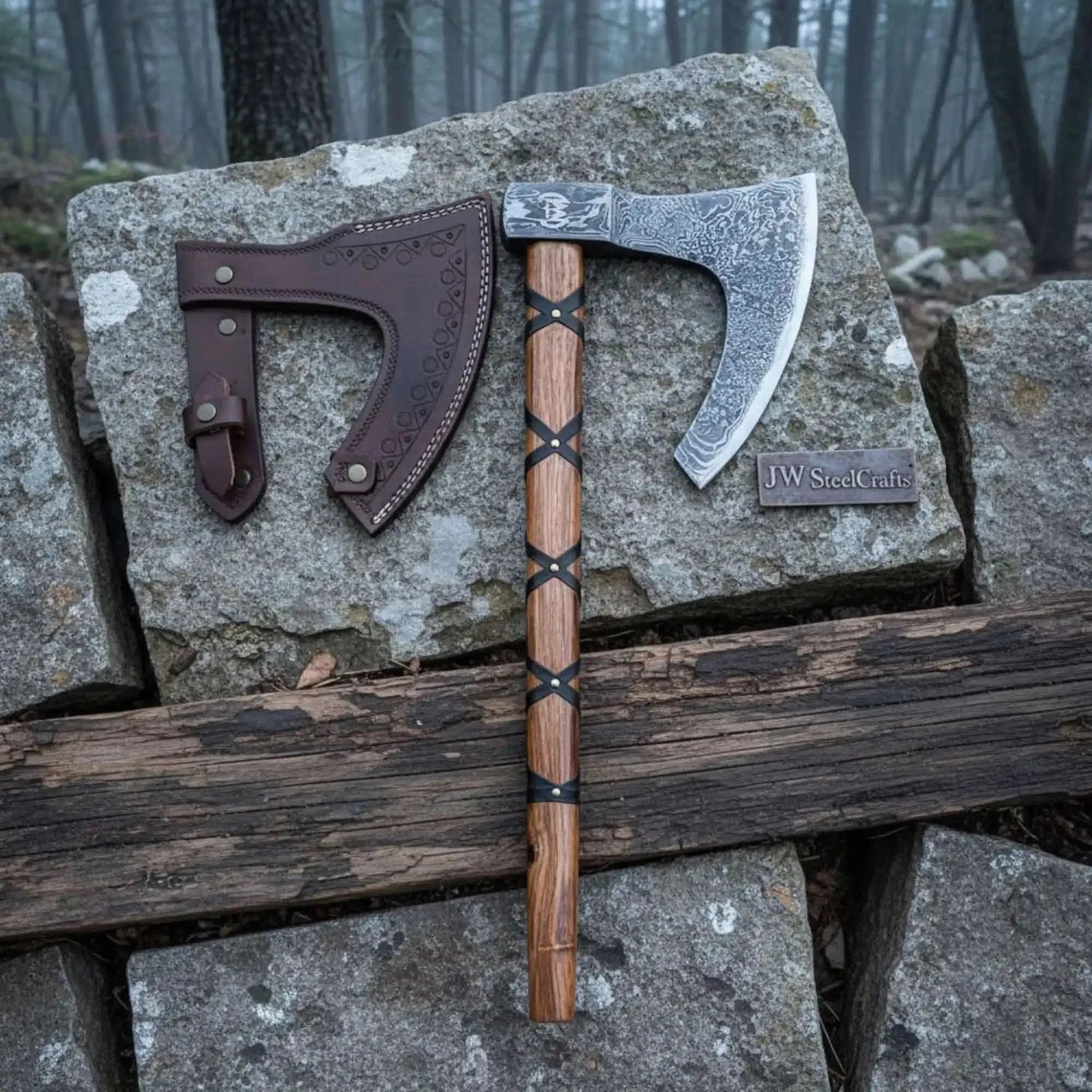 Handmade Damascus Skeggøx Bearded Axe with Leather Wrap and Sheath