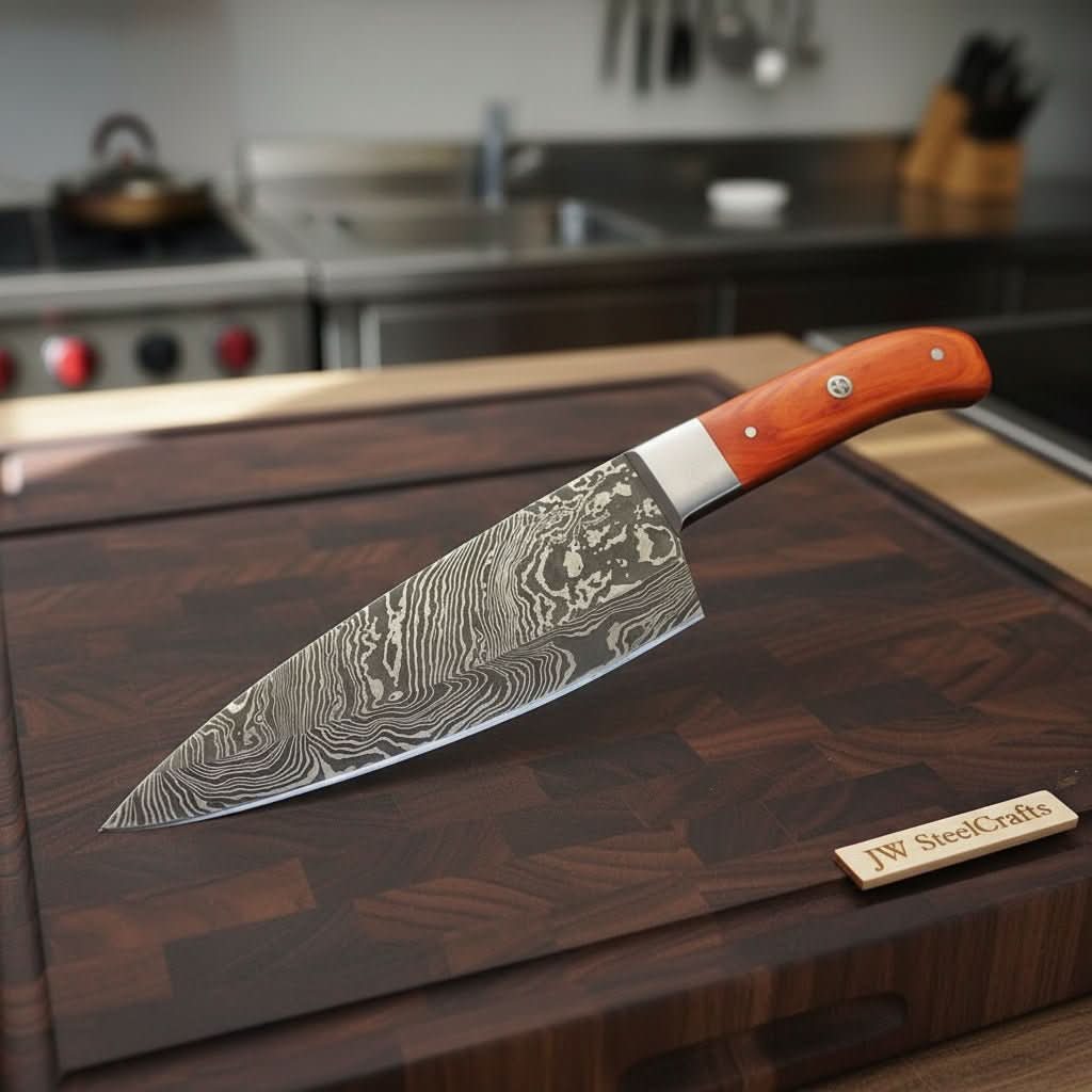 Damascus Gyuto Knife with Layered Steel Blade & Orange Wood Handle for Precision Slicing
