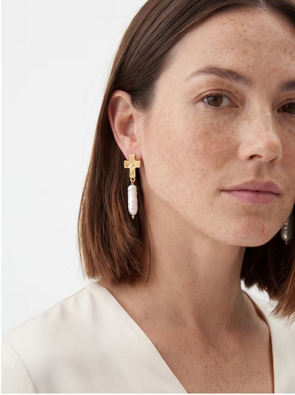 Cross Top Baroque Pearl Earrings