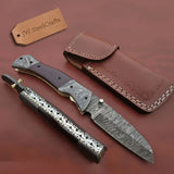 Handmade Damascus Steel Folding Knife – Matte Black Handle with Brass Liner & Thumb Stud | JW SteelCrafts