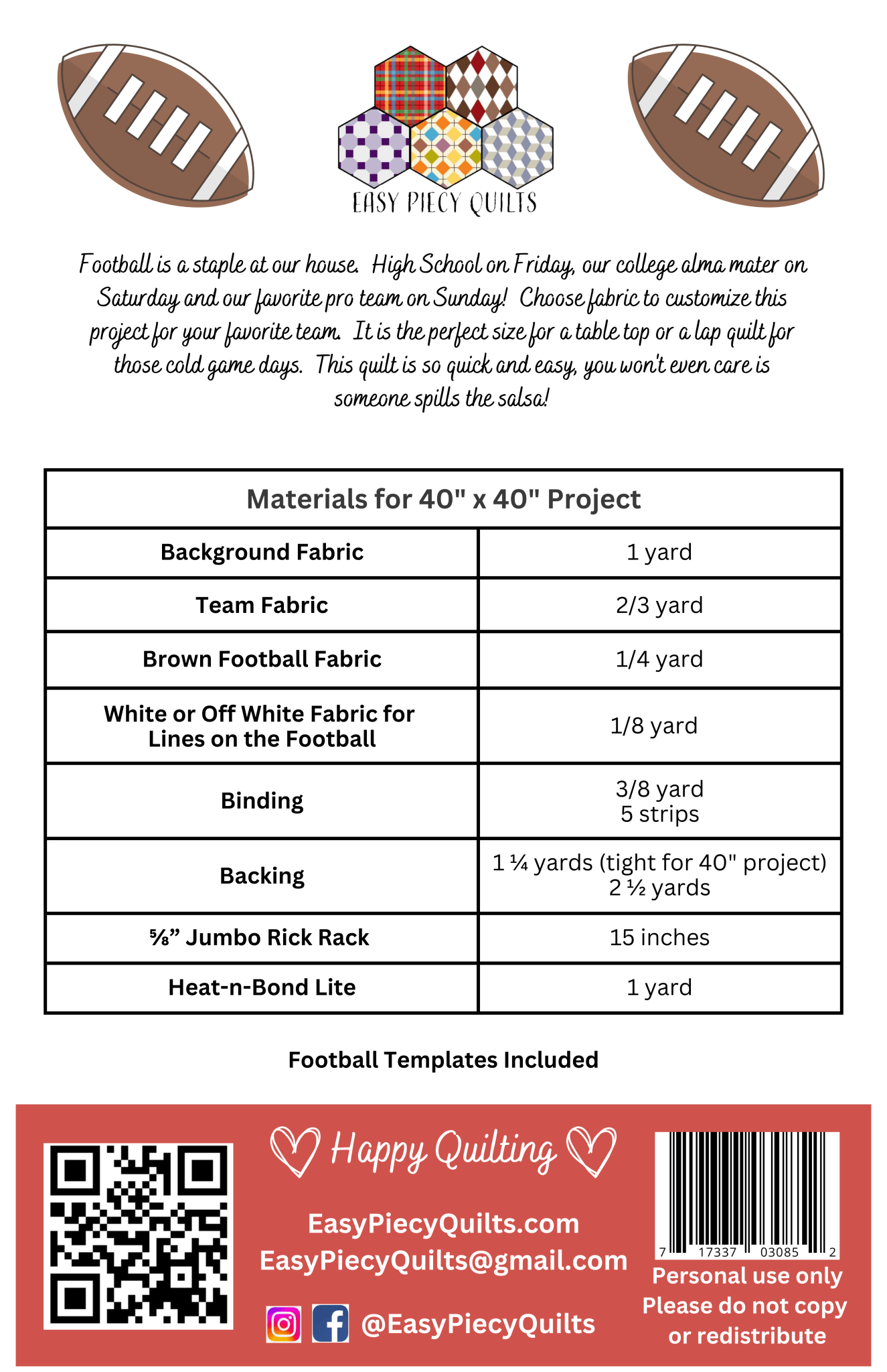 Football Table Topper or Lap Quilt Pattern - Paper Print Version