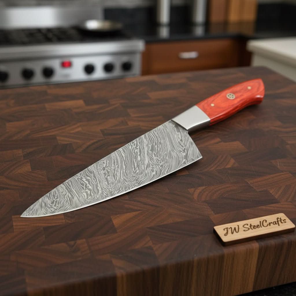 Damascus Steel Chef Knife, Orange Dyed Wood Handle, Full Tang Blade by JW SteelCrafts