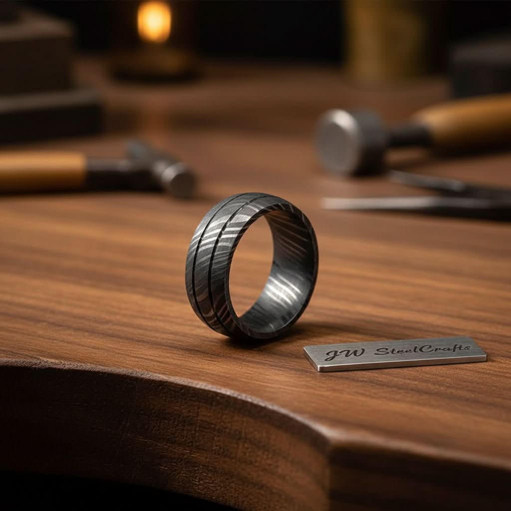 Black Damascus Double Groove Band with Etched Finish