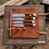 Hand-Forged Damascus Chef Knife Set with Leather Roll & Sharpening Rod - Rosewood Handle Collection