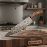 Chef Knife, Twist Pattern Damascus Steel Blade, Walnut Wood Handle with Mosaic Pin, Full Tang Professional Kitchen Knife, JW SteelCrafts
