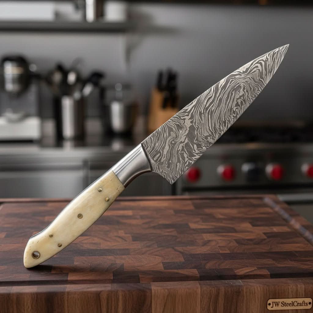 Custom Handmade Damascus Bunka Knife with Bone Handle and Steel Bolster, Hand Forged Japanese knives