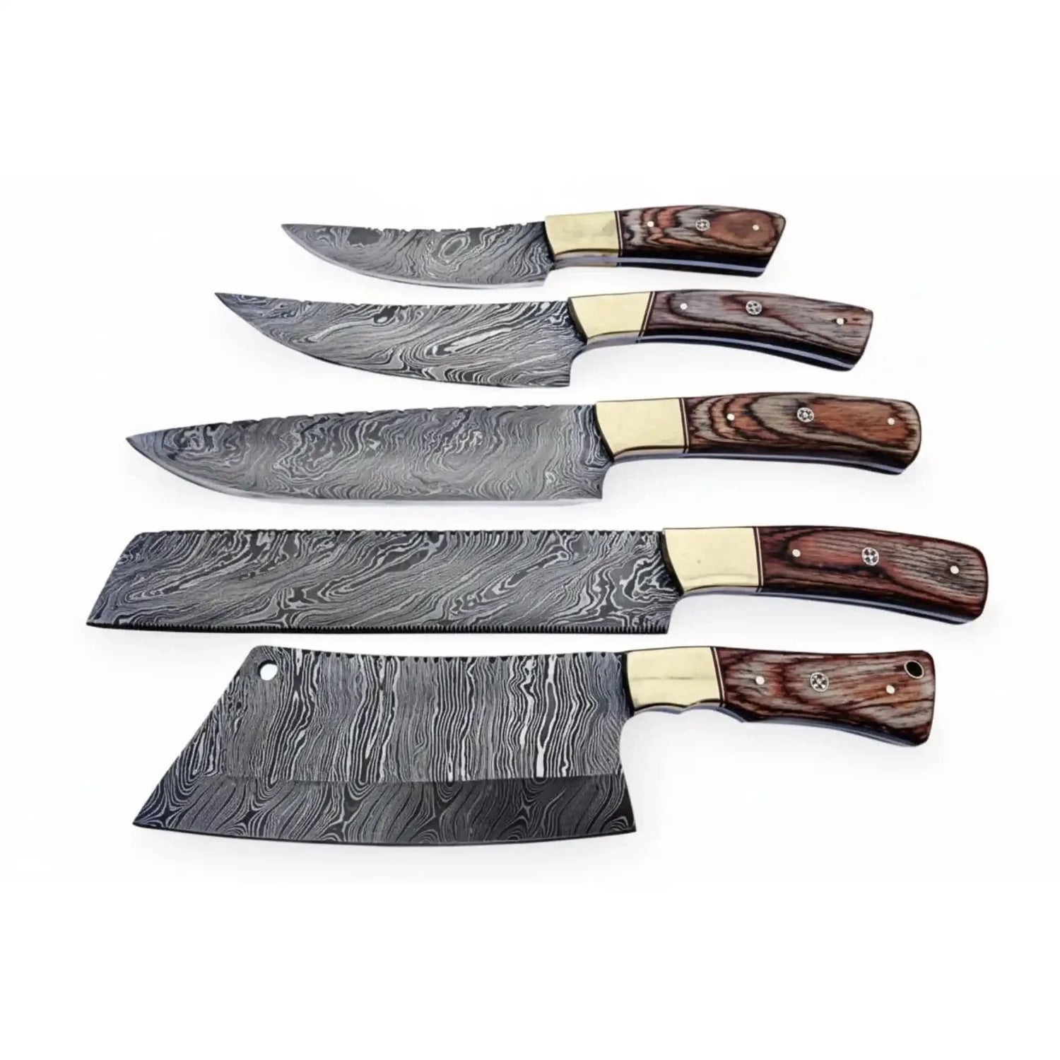 Handmade Damascus Kitchen Knife Set of 5 with Full Tang Wood Handles