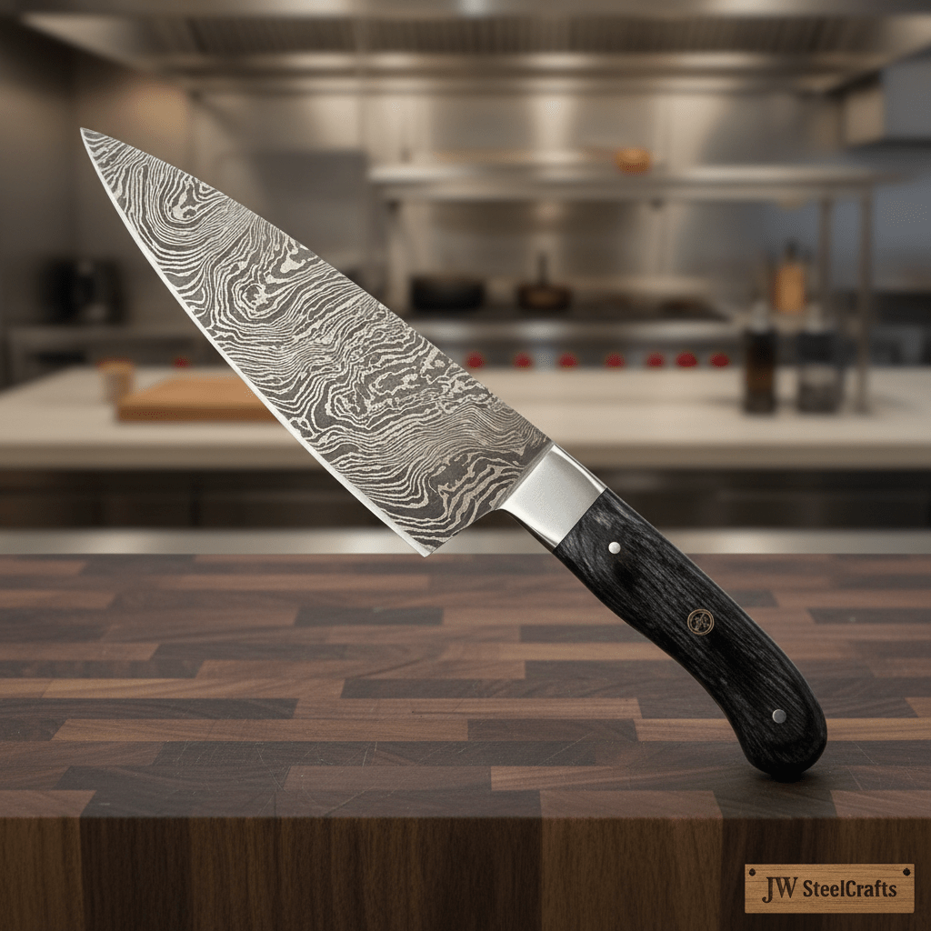 Custom Damascus Gyuto Chef Knife, Handmade Professional Cooking Knife with Steel Bolster by JW Steel