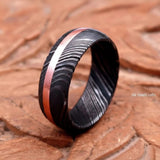 Damascus Offset Copper Inlay Ring with a Domed Dark Band