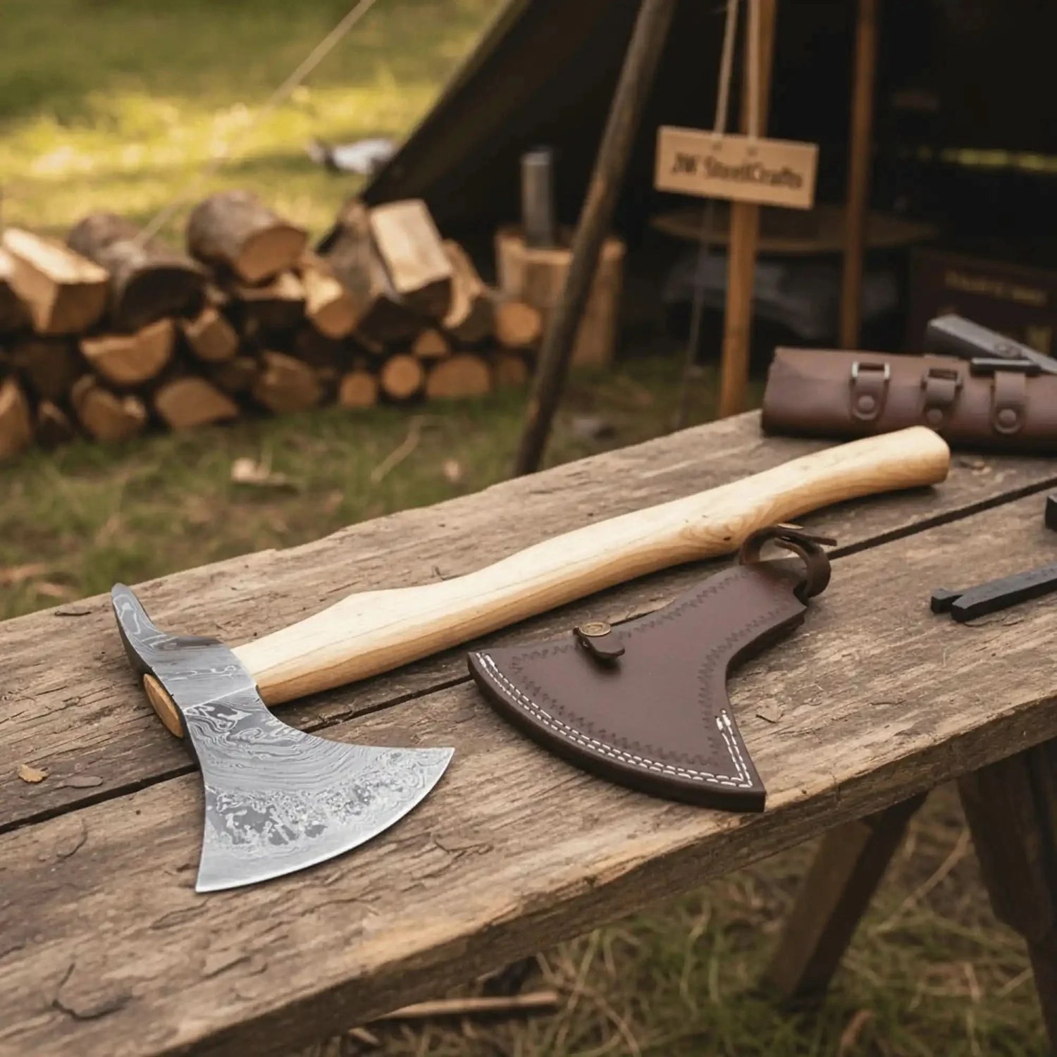 Handmade Damascus Steel Bearded Spike Axe – Hand Forged Viking Bearded Axe with Ash Wood Handle and Leather Sheath | JW SteelCrafts