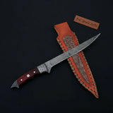 Handmade 13 Inch Overall Damascus Steel Fillet Knife –  Full Tang Fishing Knife with Hardwood Handle and Leather Sheath.