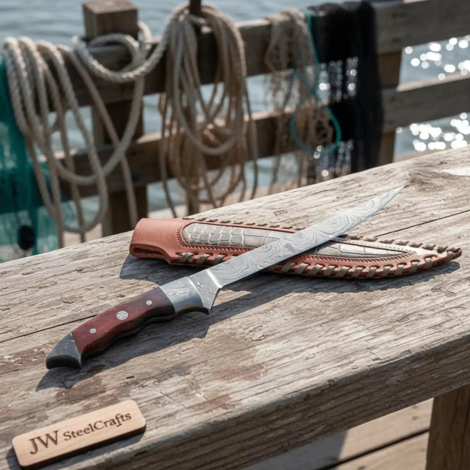 Handmade 13 Inch Overall Damascus Steel Fillet Knife –  Full Tang Fishing Knife with Hardwood Handle and Leather Sheath.