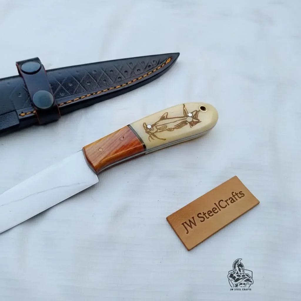 Handmade 13 Inch Fillet Knife with Engraved Bone and Wood Handle, Full Tang Fishing Knife with Leather Sheath