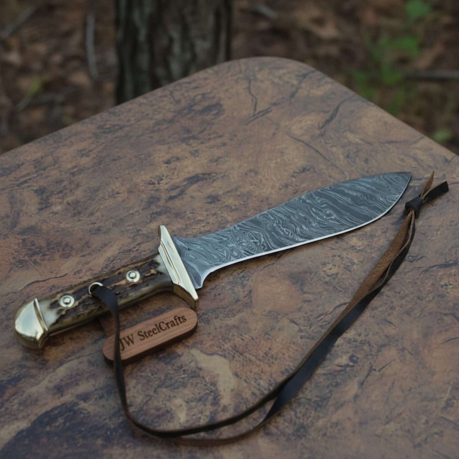 Handmade Persian-Style Upswept Bowie Knife with Stag Handle and Brass Pommel