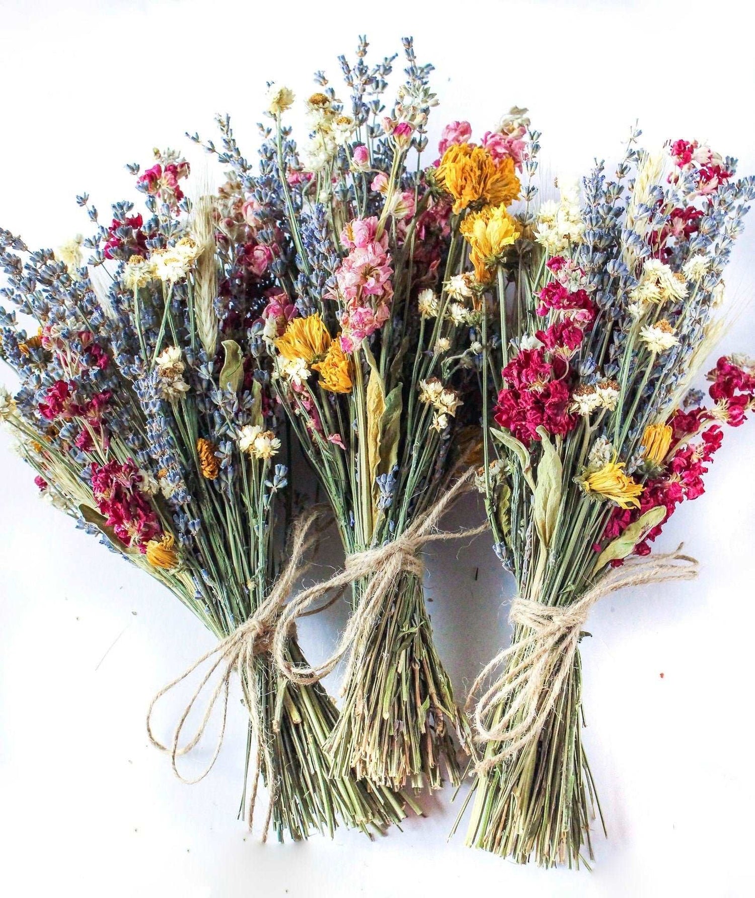 Dried Flower Bouquet with Pink Larkspur, Lavender, Yarrow & Wheat