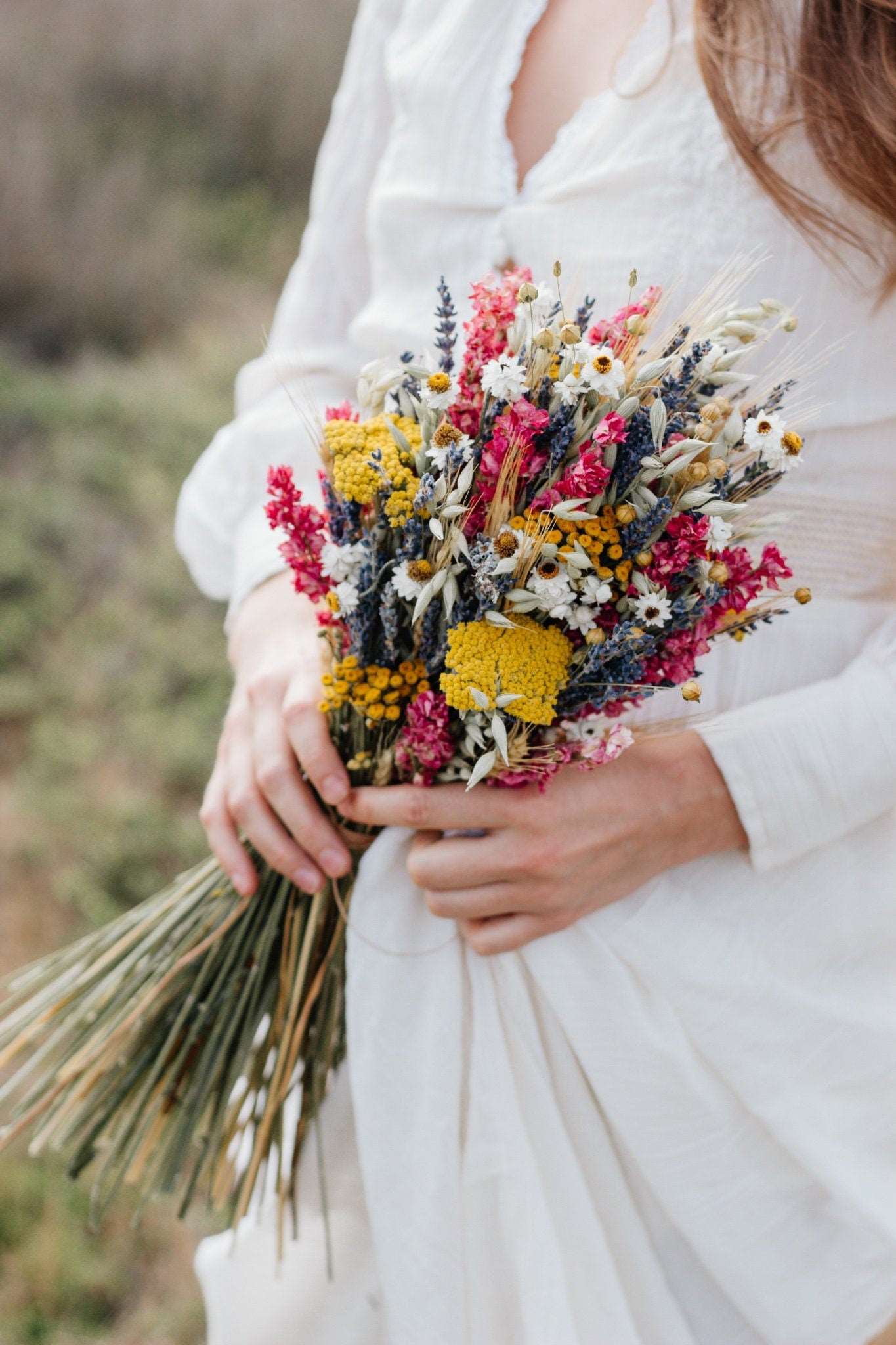 Dried Flower Bouquet with Pink Larkspur, Lavender, Yarrow & Wheat