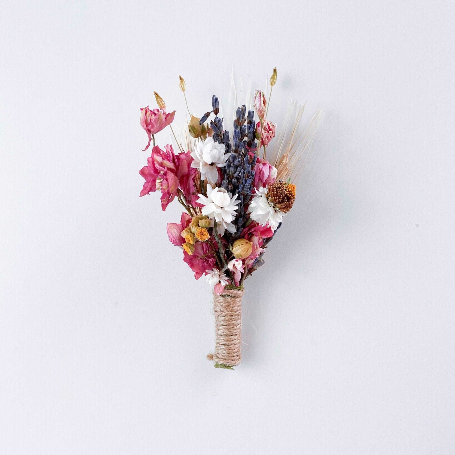 Dried Flower Bouquet with Pink Larkspur, Lavender, Yarrow & Wheat