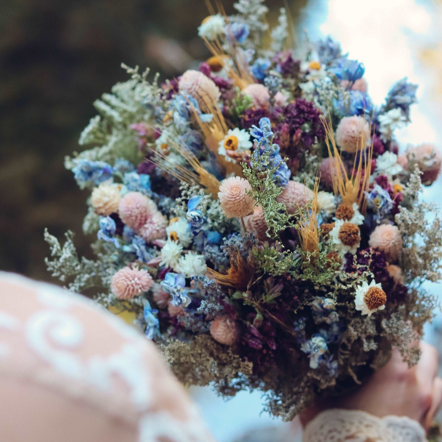 Dried Flower Bouquet with Blue Lavender, Pink Gomphrena, Daisies, Wheat & Oregano