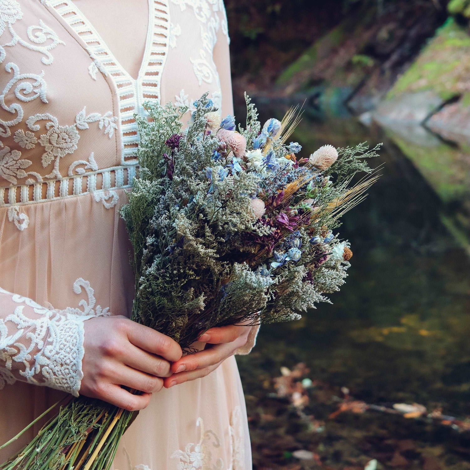Dried Flower Bouquet with Blue Lavender, Pink Gomphrena, Daisies, Wheat & Oregano