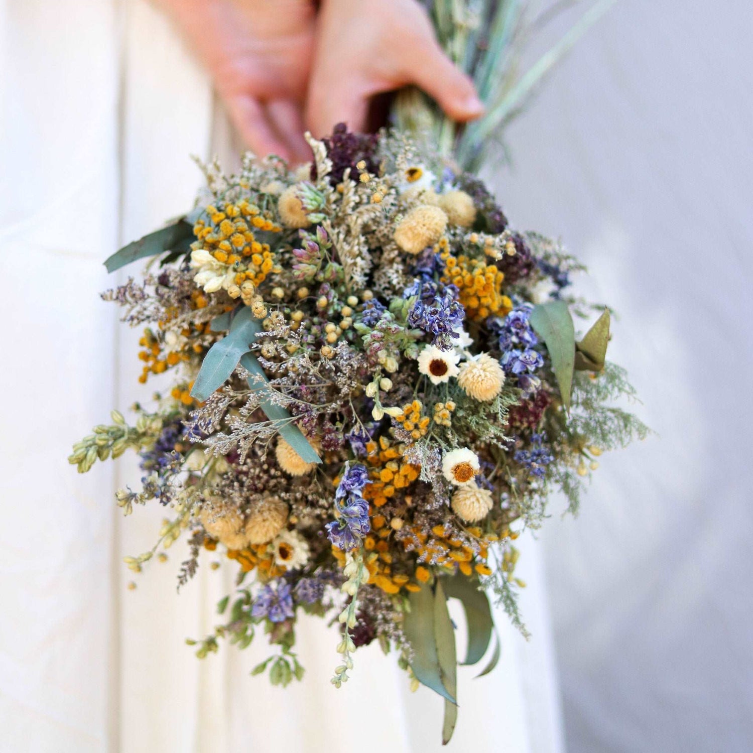Dried Flower Bouquet – Blue Larkspur, Yarrow, Daisies & Eucalyptus – Rustic Farm-Grown California Wedding & Home Décor Arrangement
