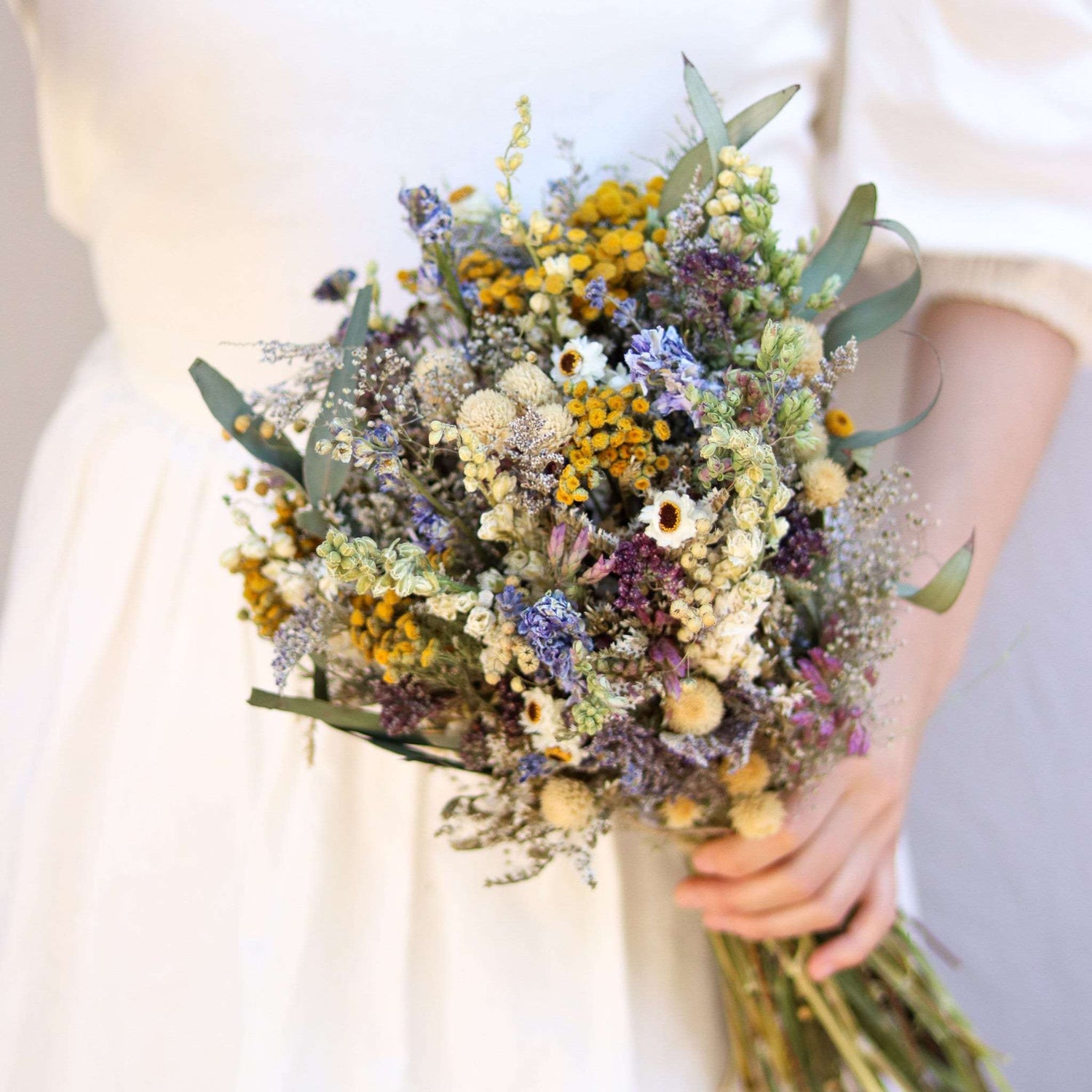 Dried Flower Bouquet – Blue Larkspur, Yarrow, Daisies & Eucalyptus – Rustic Farm-Grown California Wedding & Home Décor Arrangement