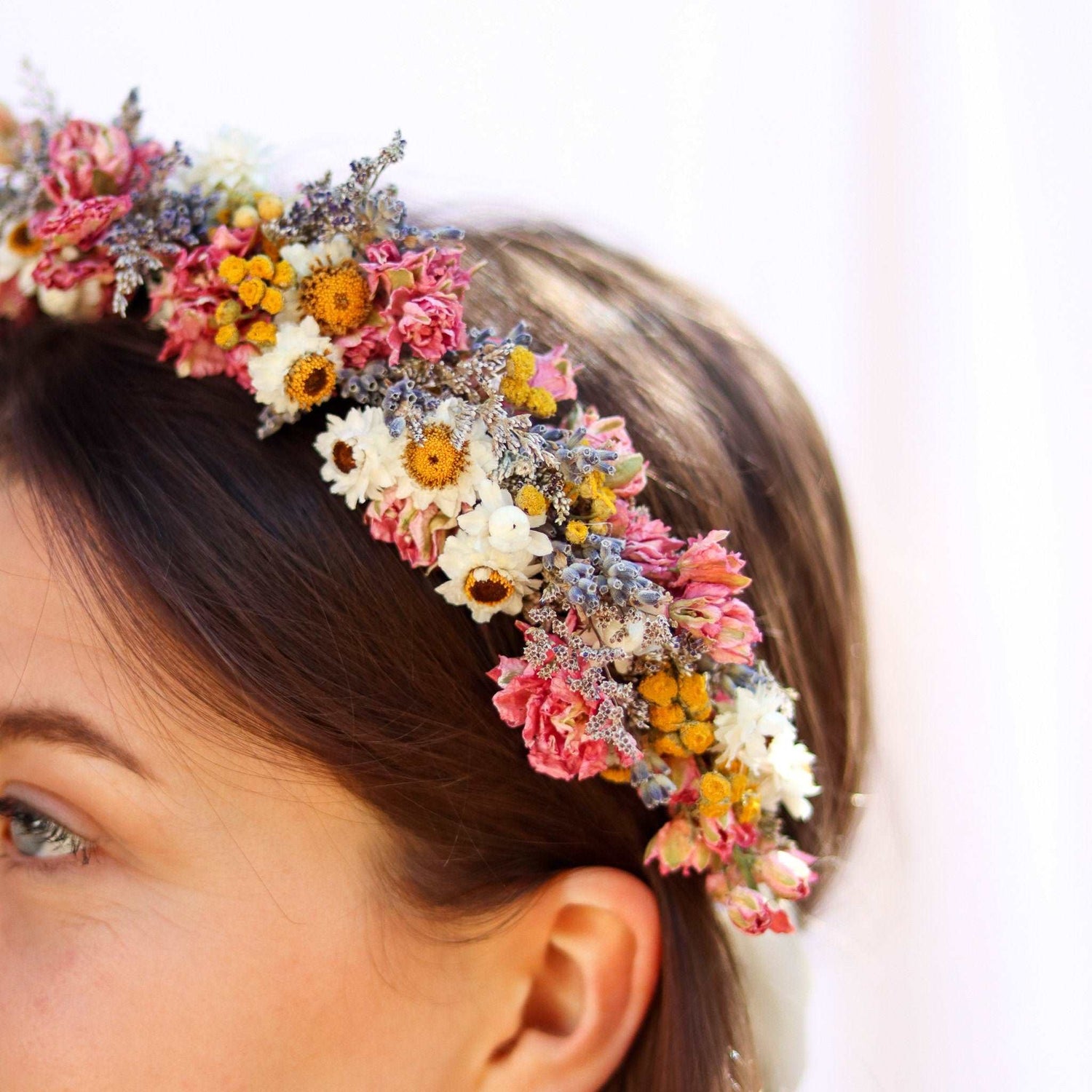 Dried Flower Bouquet with Pink Larkspur, Lavender, Yarrow & Wheat