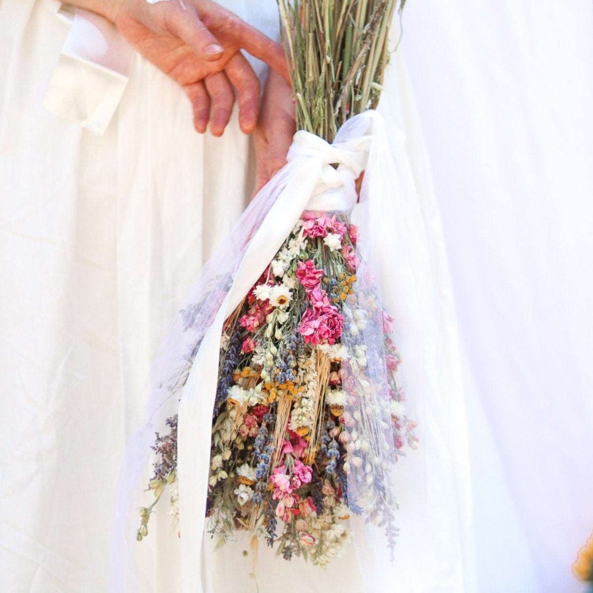 Dried Flower Bouquet with Pink Larkspur, Lavender, Yarrow & Wheat